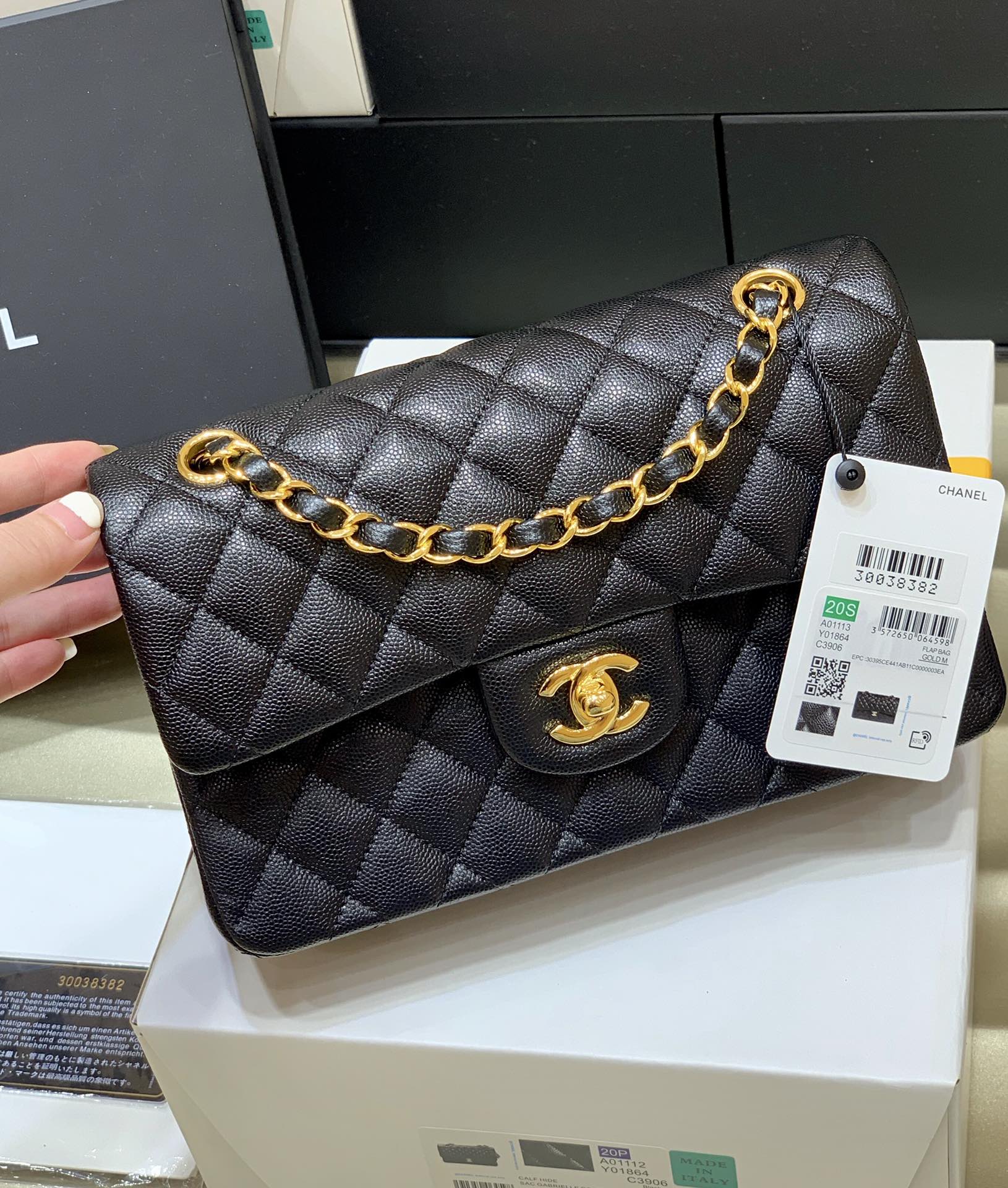 Ch@nel Flap Bag-（Black Inside）Caviar-23CM
